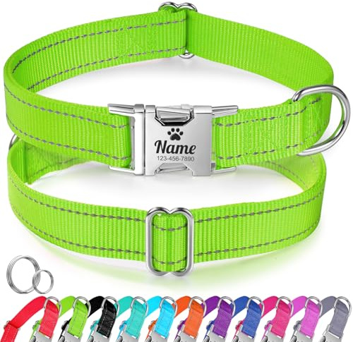 Personalisiertes Hundehalsband für mittelgroße Hunde – Reflektierendes Hundehalsband aus Nylon mit eingraviertem Namen und Telefonnummer, verstellbares Haustierhalsband