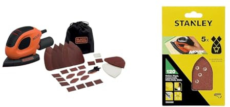 BLACK+DECKER BEW230BCA-QS Ponceuse de détail Mouse filaire - 55W - Plateau Delta de 130 x 91 mm & STANLEY - 5 Feuilles Abrasifs Grain 120 - STA31009-XJ