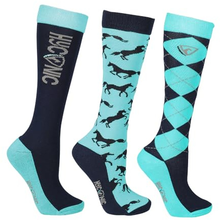 HY EQUESTRIAN HYCONIC Pattern Socks (Pack of 3) - Adult 4-8 (Navy/Teal)