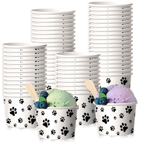 Patelai 50 tazas de helado con estampado de patas de 8 onzas, tazas de papel a granel, cuencos desechables para perros, tazas de postre para perros, cachorros, mascotas, fiesta temática, helado,