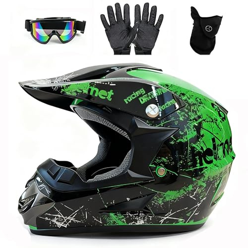 UIGJIOG Youth ATV Dirt Bike Motorcycle Helmet, Full-Face Off-Road Crash Helmet, With Gloves Goggles Mask, Green, XL(58~59cm)