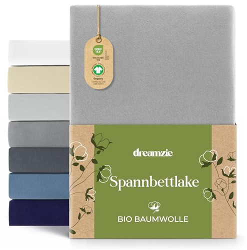 Dreamzie - Spannbettlaken 90/100x200 cm - 100% Jersey Biobaumwolle | Grau · Leintuch mit Rundumgummi · Spannbetttuch bis 32 cm Steghöhe Oeko-Tex zertifiziert · Hypoallergen · Einzelbett