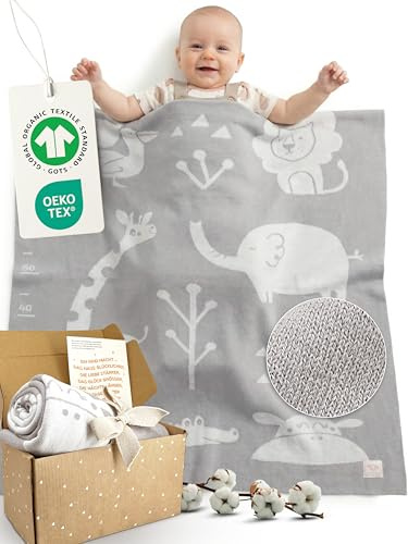 Babydecke Baumwolle, Baby Decke Neugeborenen, Baby Blanket Newborn, Grau | Decke Baby 100% Bio Baumwolle, GOTS & OEKO-TEX, Kuscheldecke Baby mit Wachstumsskala, Strickdecke Baby für Jungen & Mädchen