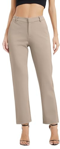 EXCHIC Mujeres Casual Comercio Rectas Piernas Trabajo Elástica Cintura Traje Pantalones con Bolsillos(XL, Café Claro)