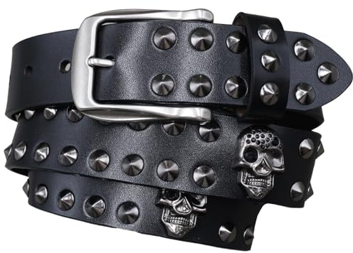 Surrycee Negro,105cm(34~36), Cinturón con tachuelas para hombres y mujeres, estilo gótico, punk rock, con remaches de calavera, cinturones de cuero genuino para jeans, 3,8 cm de ancho