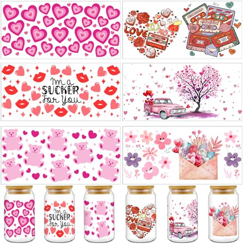 Acuiwer Transfer Stickers for Glass Cups, 6 Sheets, Clear UV DTF Cup Wrap Transfer Decals, PVC Waterproof, Wildflower Vintage Design (Valentines-B)