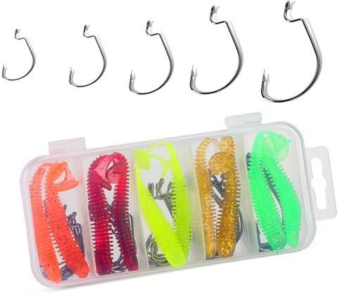 Ianulus 50 Stück Offset Haken Set, Offset Wurm Jig Haken, Angelhaken für Gummiköder, Offsethaken Wurm Angelhaken mit 10 Softbaits und Kunststoffkoffer