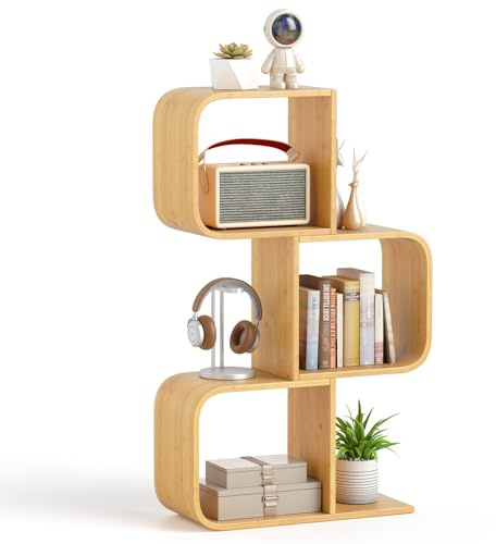 GIANTEX 3-stöckiges Bücherregal, S-förmiges Regal mit 3 Würfeln, Lagerregal aus Bambus für Wohnzimmer, Heimbüro, Schlafzimmer, Würfelregal für Bücher, Natur (3 Würfel)