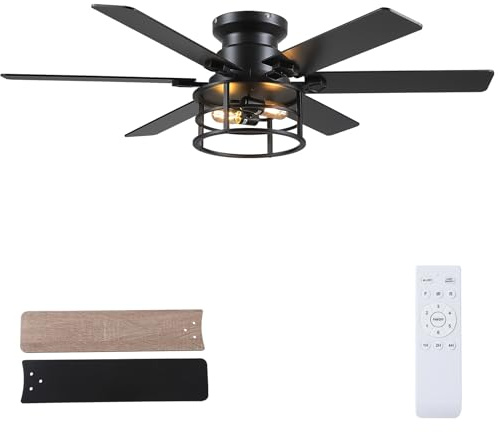 Hounberi 52 Caged Ceiling Fan with Lights and Remote, 6-Speed Quiet DC Motor & E26 Base, 6 Reversible Blades for Black & Wood, Modern Rustic Low Profile Ceiling Fans for Bedroom & Living Room