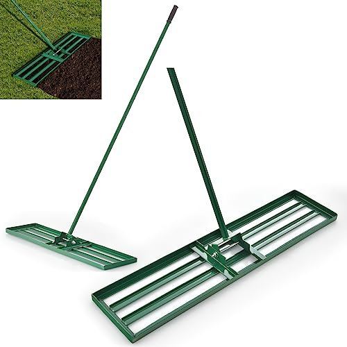 BCSRVCE Râteau de nivellement de pelouse 30/36/42 x 10, niveleur de pelouse en Acier revêtu avec Manche de 77 Pouces, Outil de nivellement du Sol pour Terrain de Golf (42 x 10, Vert)