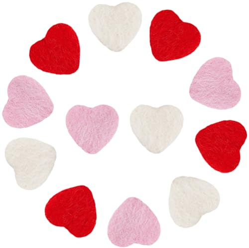 SUNNYCLUE 12 pieza de Bolas de Lana de Fieltro con Forma de Corazón de 3 colores, para Manualidades, Color Rosa, Rojo Y Blanco, para San Valentín, Madres, Padres, Corazones de Amor, Pompones de Aguja,