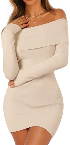 MEROKEETY Women's Sexy Off Shoulder Sweater Dress 2026 Winter Spring Long Sleeve Bodycon Club Night Out Mini Dresses, Apricot, Small