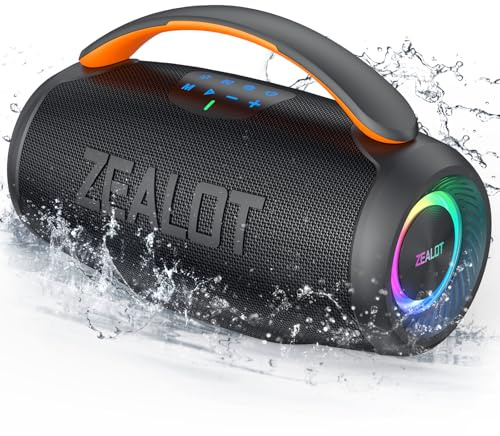 ZEALOT Bluetooth Lautsprecher mit Licht,Stereo Sound,Bluetooth 5.3,IPX6 Wasserdicht, USB/Micro SD-Karte/AUX Function,Schwarz