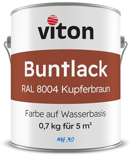 Viton Buntlack 0,7 kg Braun - Seidenmatt - Wetterfest für Außen und Innen - 3in1 Grundierung & Lack - HAE 30 - Nachhaltige Farbe auf Wasserbasis für Holz, Metall & Fliesen - RAL 8004 Kupferbraun