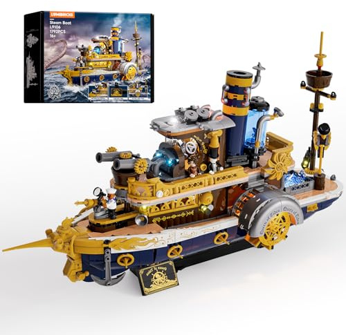 Lumibricks Set Nave a Vapore Steampunk con Illuminazione LED – 1792 Pezzi con Effetti LED Dinamici e Design Modulare a Sgancio Rapido, Ideale per Collezionisti di Modelli di Navi in Mattoncini