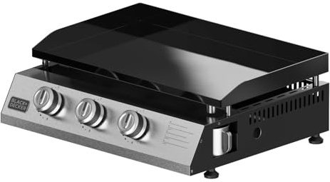 Black+Decker – Plancha à gaz BXOP7350F 3 brûleurs 2,45 kW | Plaque acier émaillé | Surface cuisson 580x360 mm | Nettoyage facile | 12 personnes | Gaz butane/propane | Pieds réglables