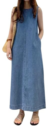 Tidecc Robe maxi en jean sans manches pour femme - Été décontracté - Col rond - Coupe ample et fluide - Robe de plage shift en jean - Robe d'été, bleu, 44-46