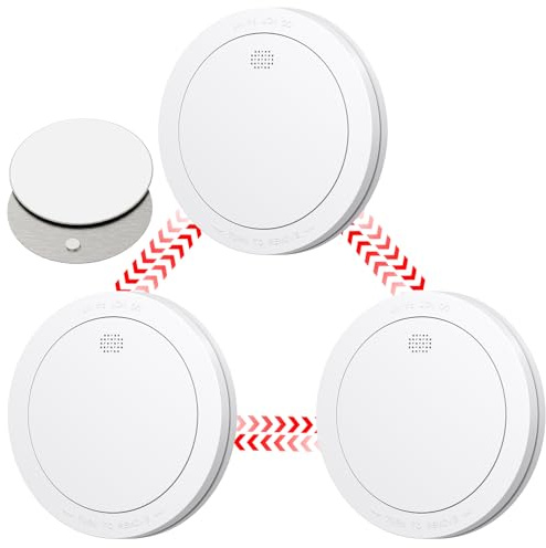 CPVAN Wireless Interlinked Smoke Alarms with 10 Years Battery Life, Smoke Alarms for Home, Linked Smoke Detector, EN14604, CE Certified, Low-Battery Alert, FSI-3001. 3 Pack