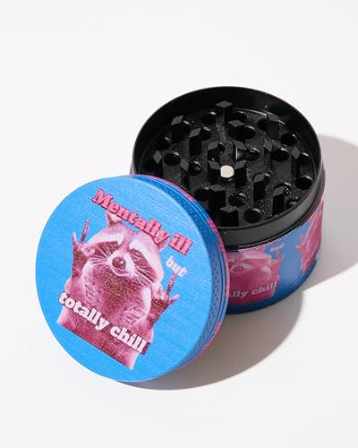 Raccoon Cool Gesture Custom Printed 4 Part Metal Herb Grinder for Spices with Pollen Scraper and Micron Screen 50mm