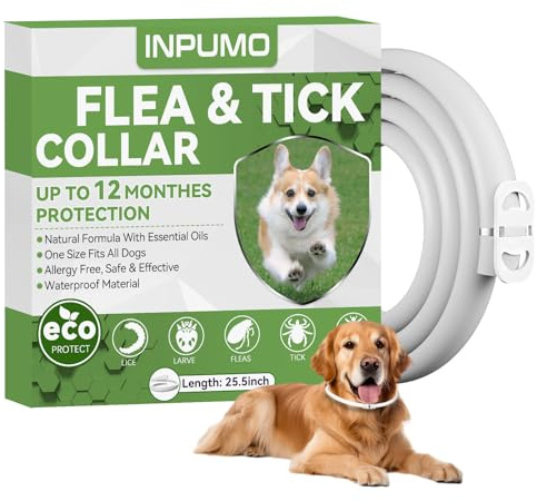Inpumo Collar Antiparasitario para Perros, Collar Antipulgas y Garrapatas Fórmula Natural Segura, Impermeable, Ajustable, Protección de 12 Meses, Apto para Todos los Tamaños (1 Pack)