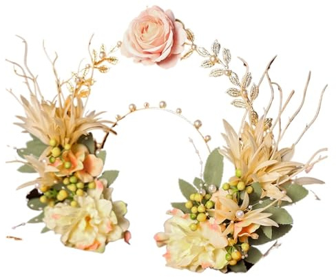 Artificial Floral Crown Vintage Gold Color Hairbands Flowers Leaves Handmade Headbands For Women Pearl Hair Accessories Head Vine(Color3)