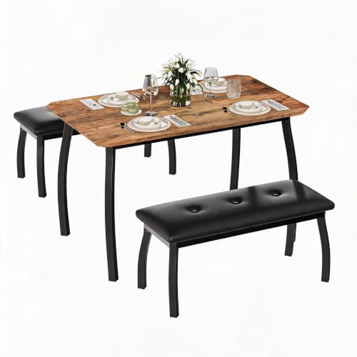 Space-Saving 3-Piece Dining Table Set for 4 with Upholstered Bench Modern Rectangular Wood Kitchen Table & Chairs 2 Comfortable PU Leather Benches for Dining Room Kitchen Bar Restaurant, Brown