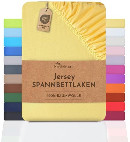 NatureMark Jersey Spannbettlaken, Spannbetttuch 100% Baumwolle in vielen Größen und Farben MARKENQUALITÄT ÖKOTEX Standard 100 | 140 x 200 cm - 160 x 200 cm - gelb