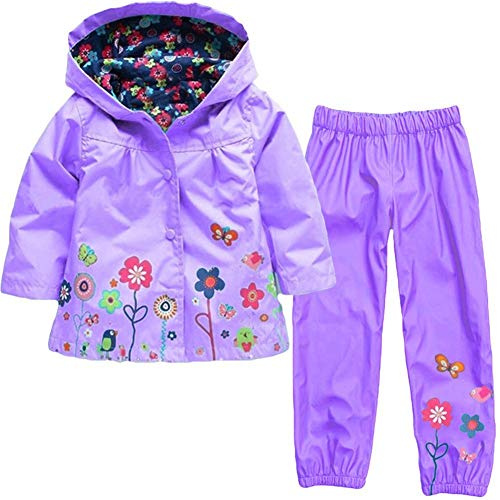 Baotung Set di Abbigliamento per Bambina da 2 Pezzi, Impermeabile con Cappuccio e Motivo a Fiori + Pantaloni da Pioggia, Lilla, 116