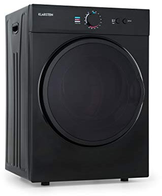 Klarstein Jet Set - Asciugatrice a Evacuazione, 1020W, Verticale/Incasso, Classe C, 3 Kg, Asciugatura ad Aria, Selezione Calore, Timer, Compatta: 49x69x47,5 cm (LxHxP), Cestello Acciaio Inox, Nero