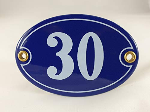 Emaille Hausnummer Schild Nr. 30, oval, Blau-Weiß Handarbeit