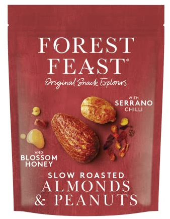 FOREST FEAST Slow Roasted Almonds & Peanuts 8 x 120g | Blossom Honey & Serrano Chilli Roasted Almonds & Peanut Nut Mix | Gluten Free, High Protein Savoury Snack