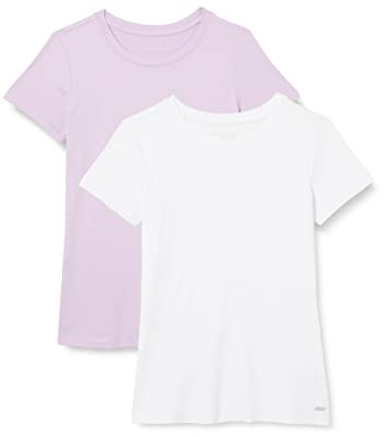 Amazon Essentials Camiseta Elástica de Secado Rápido, Manga Corta y Cuello Redondo (Hay Tallas Grandes) Mujer, Pack de 2, Blanco Brillante/Lila, S