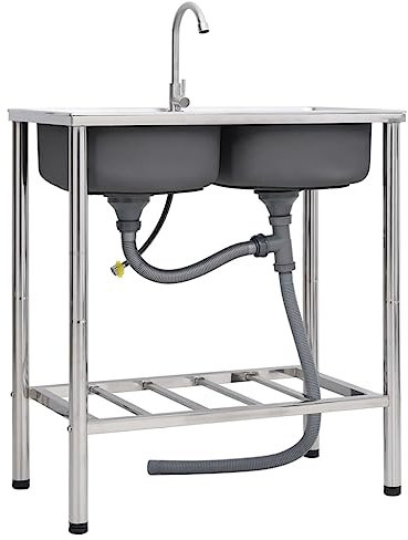 vidaXL Camping Spüle mit Doppelbecken Wasserhahn Waschtisch Spültisch Spülbecken Waschbecken Garten Campimgspüle Multifunktionswaschtisch Edelstahl