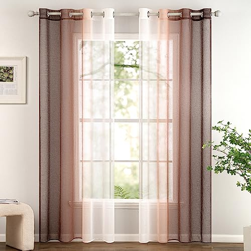 Woaboy Voile Vorhang Zweifarbiger Vorhang mit Ösen 140x245 cm Hellkaffee | 2er Set Transparente Gardine Ösenschal Dekoschal Fensterschal Lichtdurchlässig für Schlafzimmer und Wohnzimmer
