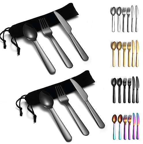 Evanda Svart bärbart bestickset 2-pack, inkluderar knivgaffel sked, titan svart plätering camping bestick med väska, för utomhusbruk, picknick, camping, resor, diskmaskinssäker
