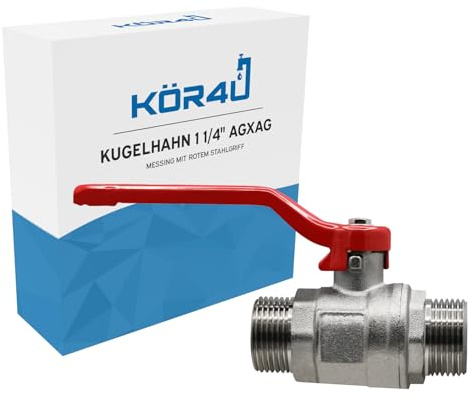 kör4u Kugelhahn 1 1/4 Zoll, Messing, AG/AG, roter Stahlgriff, Außengewinde