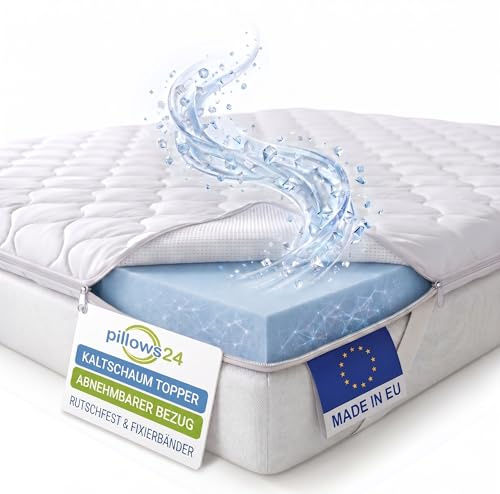 Pillows24 - Topper 140x200cm aus Kaltschaum - 6cm hoch - Matratzentopper mit abnehmbarem Bezug & Rutschfester Unterseite |Made in EU - Matratzenauflage | Matratzen Topper für jedes Bett