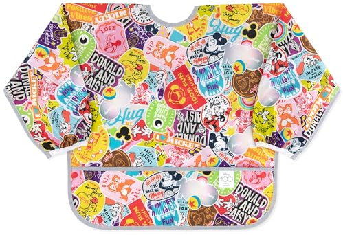 Bumkins Disney Sleeved Bib for Girl or Boy, Baby and Toddler for 6-24 Mos, Essential Must Have for Eating, Feeding, Baby Led Weaning Supplies, Long Sleeve Mess Saving, 100 Years of Fun