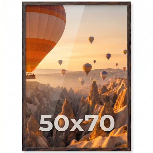 PHOTOLINI Bilderrahmen 50x70 Holz MDF Eiche Dunkel, 50x70 cm Bilderrahmen groß, Rahmen 70x50 Puzzle, bruchsicheres Acrylglas, picture frame zum Aufhängen, Fotorahmen für Fotos & Poster