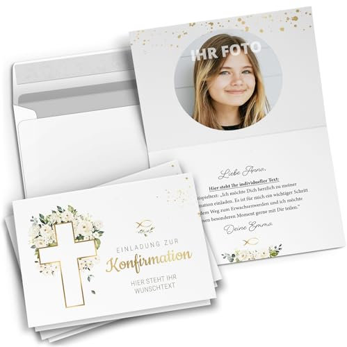 10 personalisierte Konfirmation Einladungskarten mit eigenem Text und Foto - Kreuz Blumen kirchlich - Einladungen zur Konfirmation mit Umschlägen Jungen und Mädchen