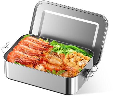 1400ml Stainless Steel Lunch Box, 304 Stainless Steel Food Containers with Lock Clip, Leakproof Sealed Metal Lunch Box for Adults & Kids, Lunchbox for Camping Travel School Work (Uncompartmentalised)