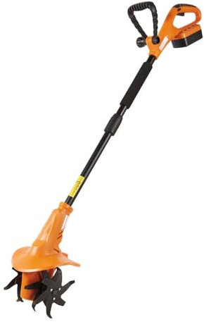 PROFI-PARTNER Elektro-Bodenhacke – Mit 18V Akku/Ladegerät, 40 Min Laufzeit kabellos, 4 Hackmesser, Schutzschild, Zerlegbar, Dünger/Saatgut einbringen, Unkraut jäten, Orange/Schwarz