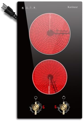 Karinear 110V Electric Cooktop 2 Burners Electric Stove 12 Inch Knob Control Countertop & Built-in Ceramic Cooktop, 9 Heating Level, Hot Warning, Over-Temperature Protection(Gold Knob)