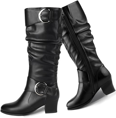 Pixoecuty Riding Boots Women Knee High Slouch Round Toe Buckle Victorian Tall Boots Chunky Block Mid Heel Knee-High Boots Side Zipper Black US 9