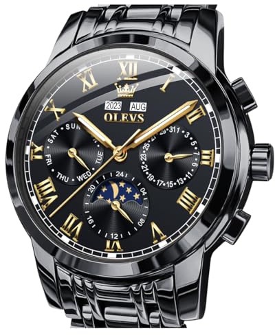 OLEVS Schwarze Automatik Herrenuhr Gold Selbstaufzug Mechanisch Geschäft Luxus Kleid Edelstahl Mondphase Wasserdicht Leuchtend Kalender Armbanduhr für Herren