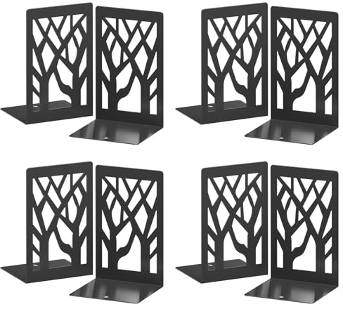 VFINE Buchstützen aus Metall - 8 Stück Baum Design Buchstützen für Regale, Schwarze Buchstützen für Schreibtisch, Bücherregal Buchstützen Dekoration, Stilvolle Metall Buchstützen für Zuhause oder Büro