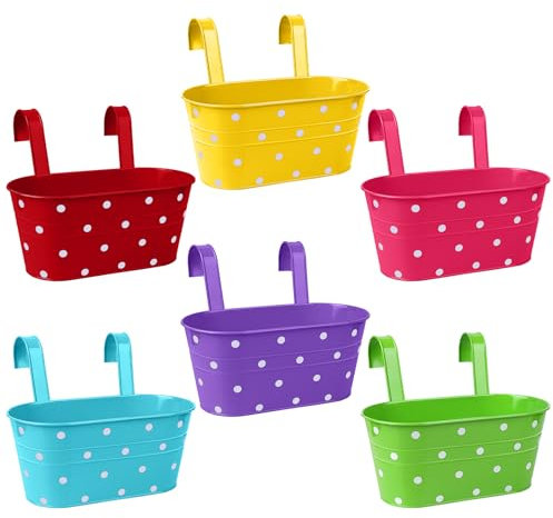 ULELE Metal Hanging Flower Pots With Double-Hook - 6 Pack Colorful Dots Planter Buckets for Fence, Balcony and Garden