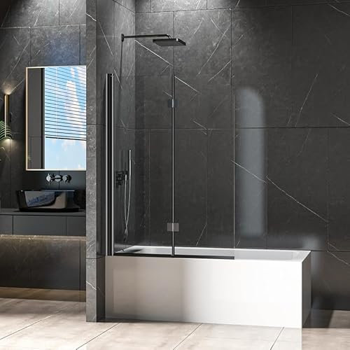 Duschwand Duschabtrennung für Badewanne 100x140cm Faltbar Badewannenaufsatz, 2-Teilig Duschtrennwand Schwarz Faltwand, Duschwand mit 6mm NANO ESG Glas Badewannenfaltwand