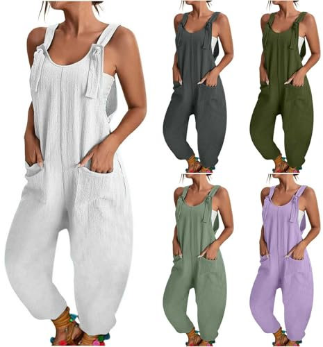 Jumpsuit Damen Sommer Elegant, Latzhose Damen Große Größen, Arbeitshose Stretch Einteiler Locker Overall Einfarbig Sommerhose Leicht Bequem Romper Ärmellos Playsuit Mit Taschen Sommeroverall