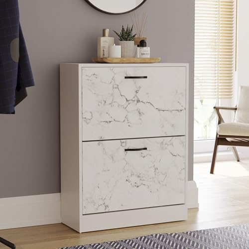 Vida Designs Schuhkipper mit 2 Klappen | 80 H x 60 B x 24 T cm | Weiß Marble | Platzsparender Schuhschrank für bis zu 10 Paar Schuhe | Kippschutz | Flurmöbel für Eingangsbereich